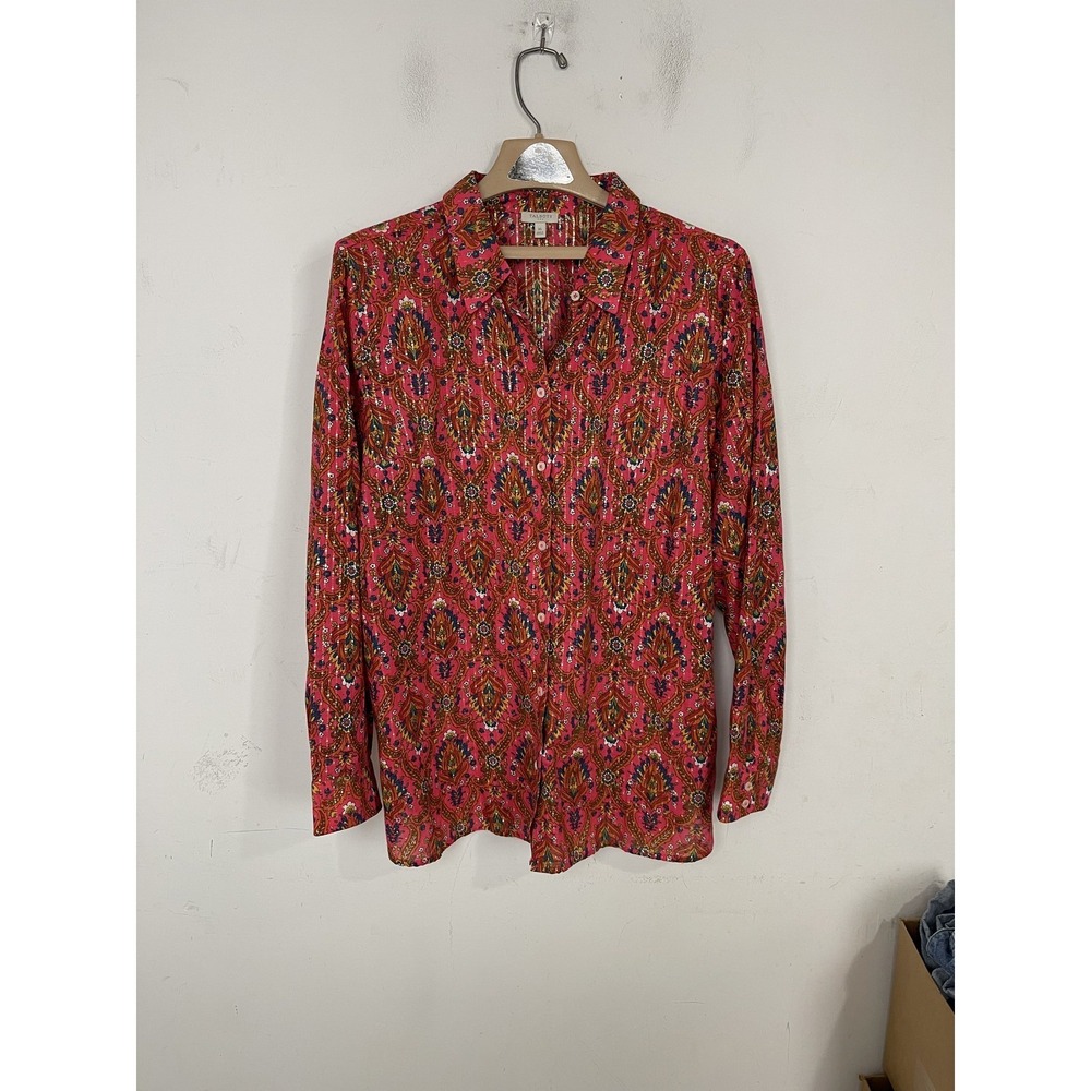 Talbots Womens Shirt XL Pink Paisley Floral‎ Metallic Travel Resort Cotton Boho
